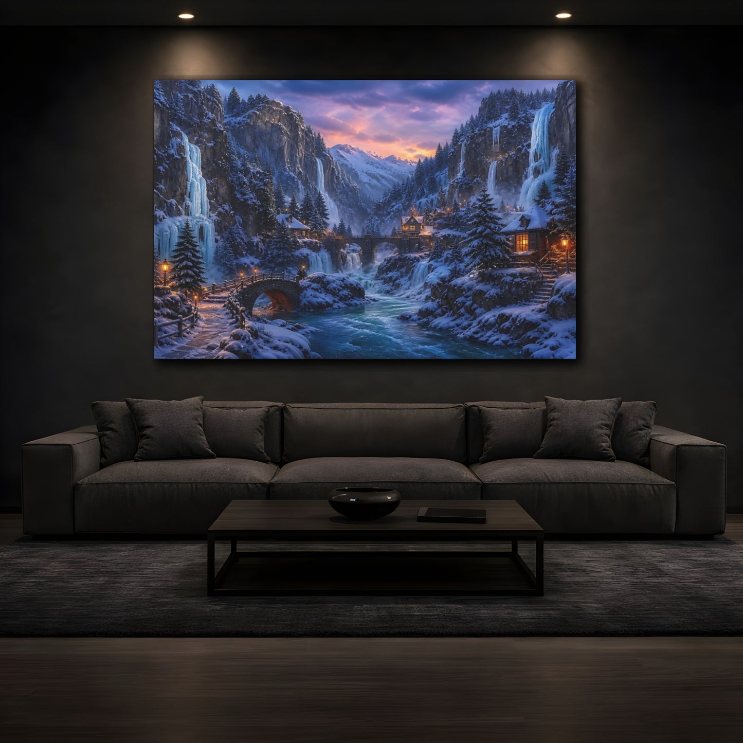 Mockup 3. Frozen Mountain Village At Dusk shown as canvas print