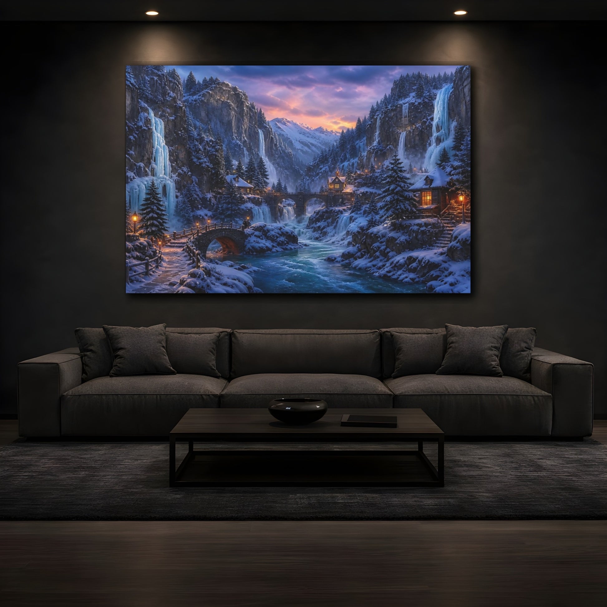 Mockup 3. Frozen Mountain Village At Dusk shown as canvas print