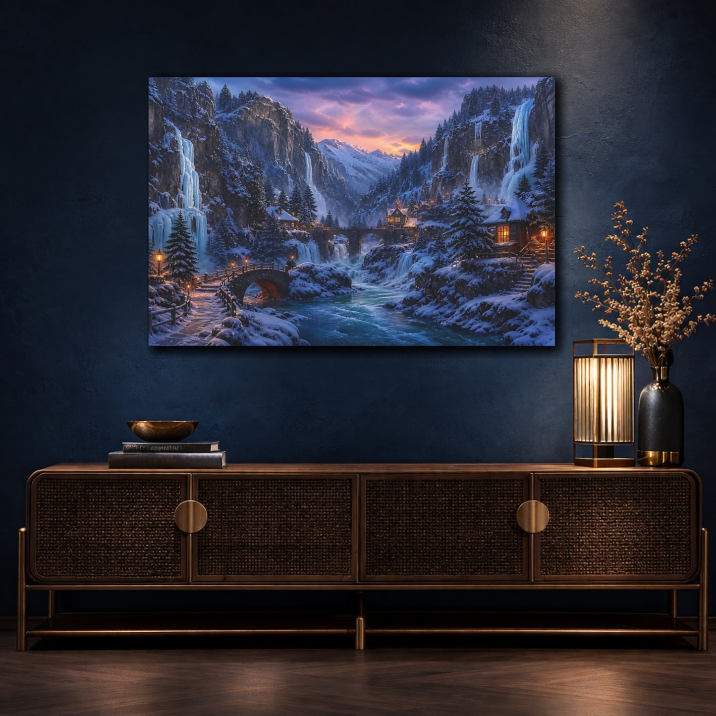 Mockup 4. Frozen Mountain Village At Dusk shown as canvas print