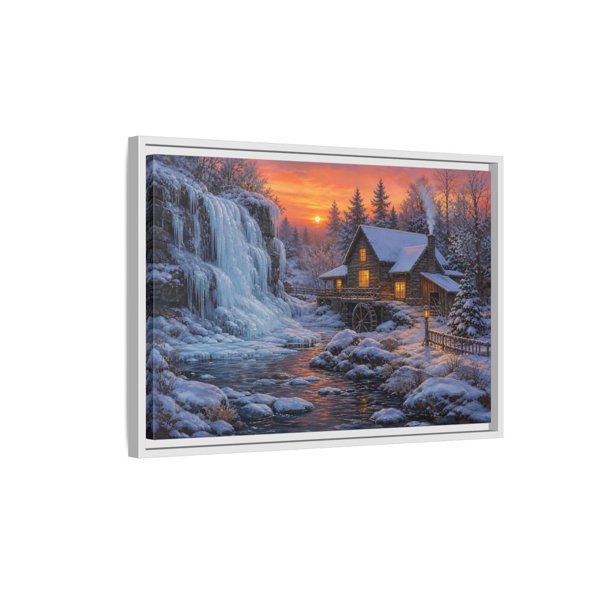 Side Mockup 1. Frozen Waterfall Cabin shown as framed canvas print