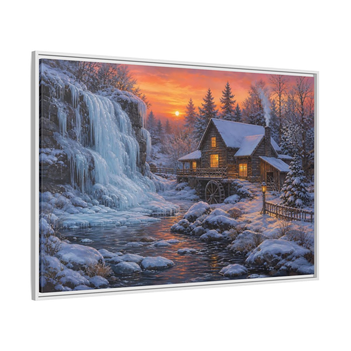 Side Mockup 7. Frozen Waterfall Cabin shown as framed canvas print