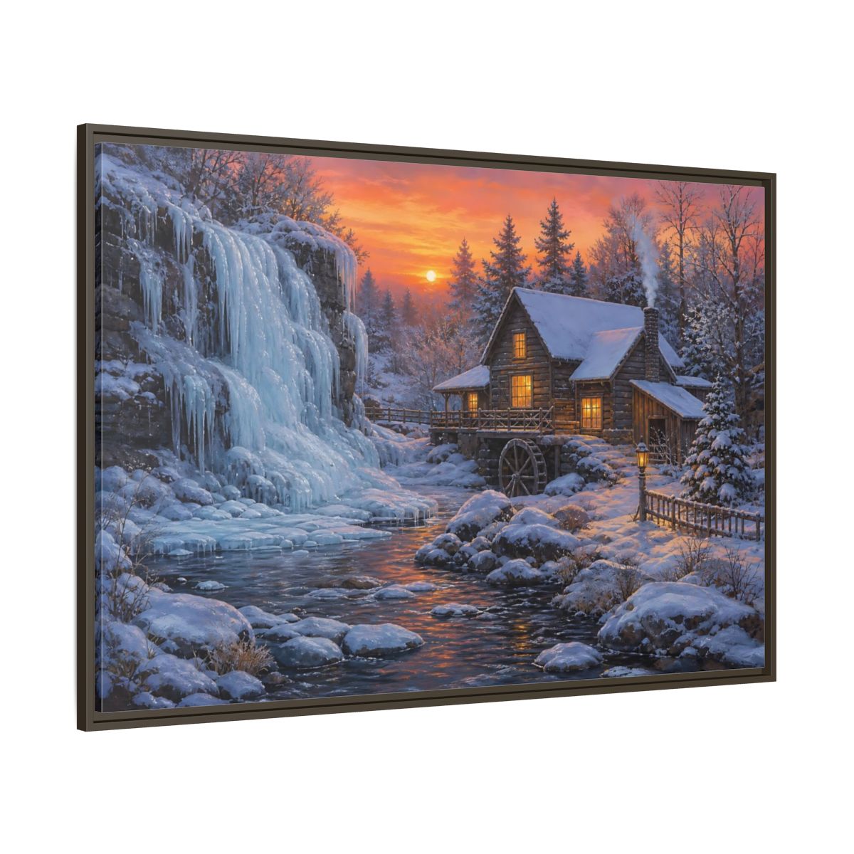 Side Mockup 8. Frozen Waterfall Cabin shown as framed canvas print