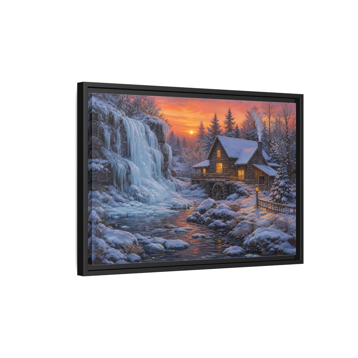 Side Mockup 3. Frozen Waterfall Cabin shown as framed canvas print