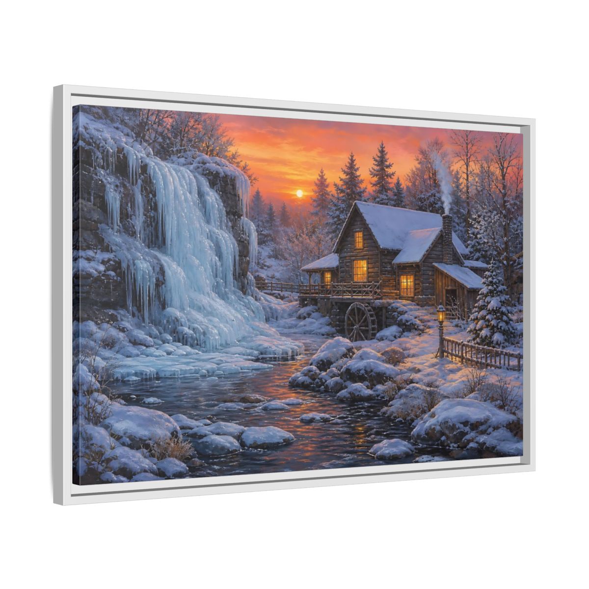 Side Mockup 10. Frozen Waterfall Cabin shown as framed canvas print