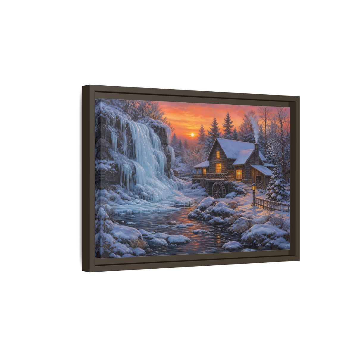 Side Mockup 5. Frozen Waterfall Cabin shown as framed canvas print