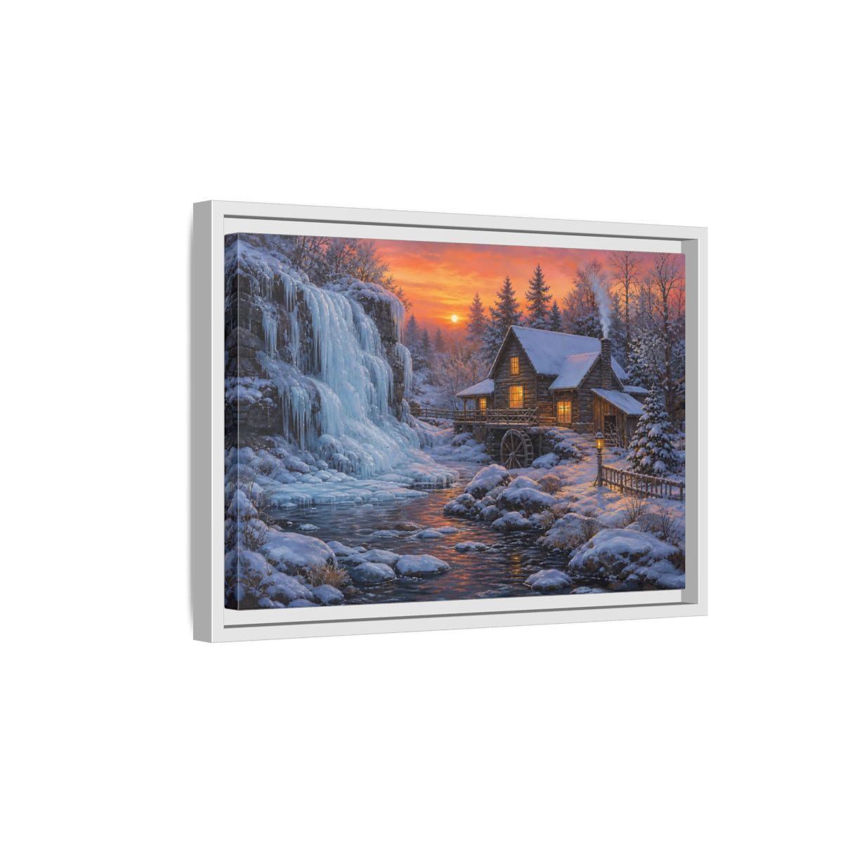 Side Mockup 4. Frozen Waterfall Cabin shown as framed canvas print