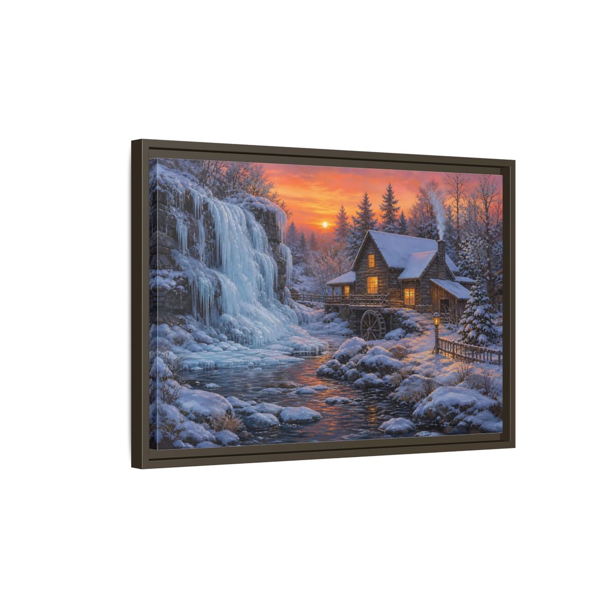 Side Mockup 2. Frozen Waterfall Cabin shown as framed canvas print