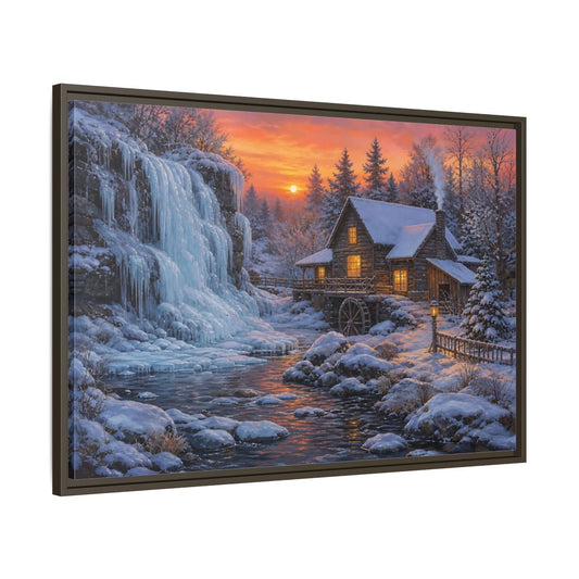 Main Mockup. Frozen Waterfall Cabin shown as framed canvas print