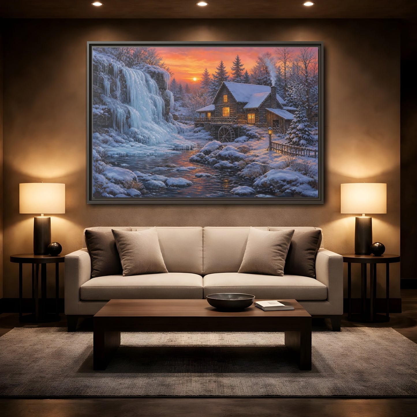 Mockup 2. Frozen Waterfall Cabin shown as framed canvas print
