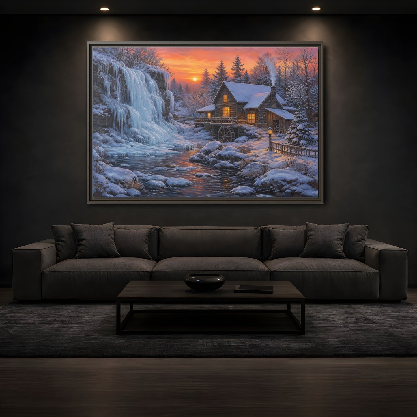 Mockup 3. Frozen Waterfall Cabin shown as framed canvas print