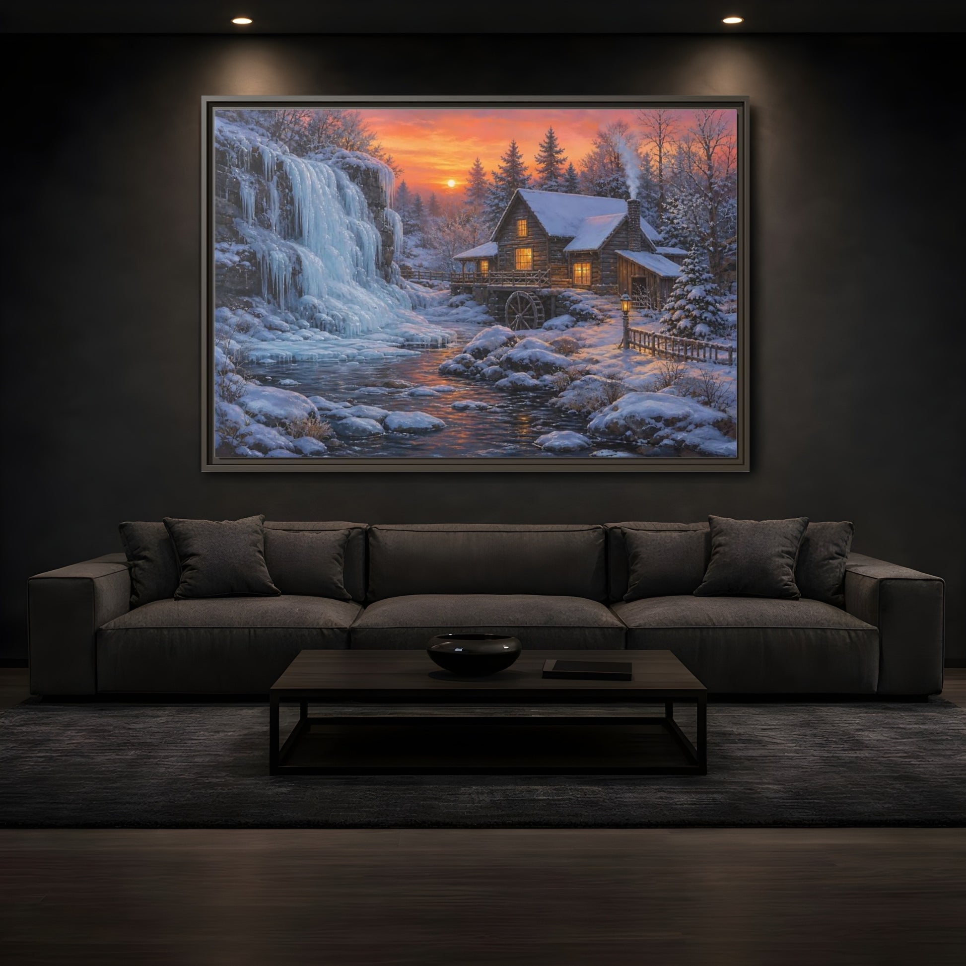 Mockup 3. Frozen Waterfall Cabin shown as framed canvas print