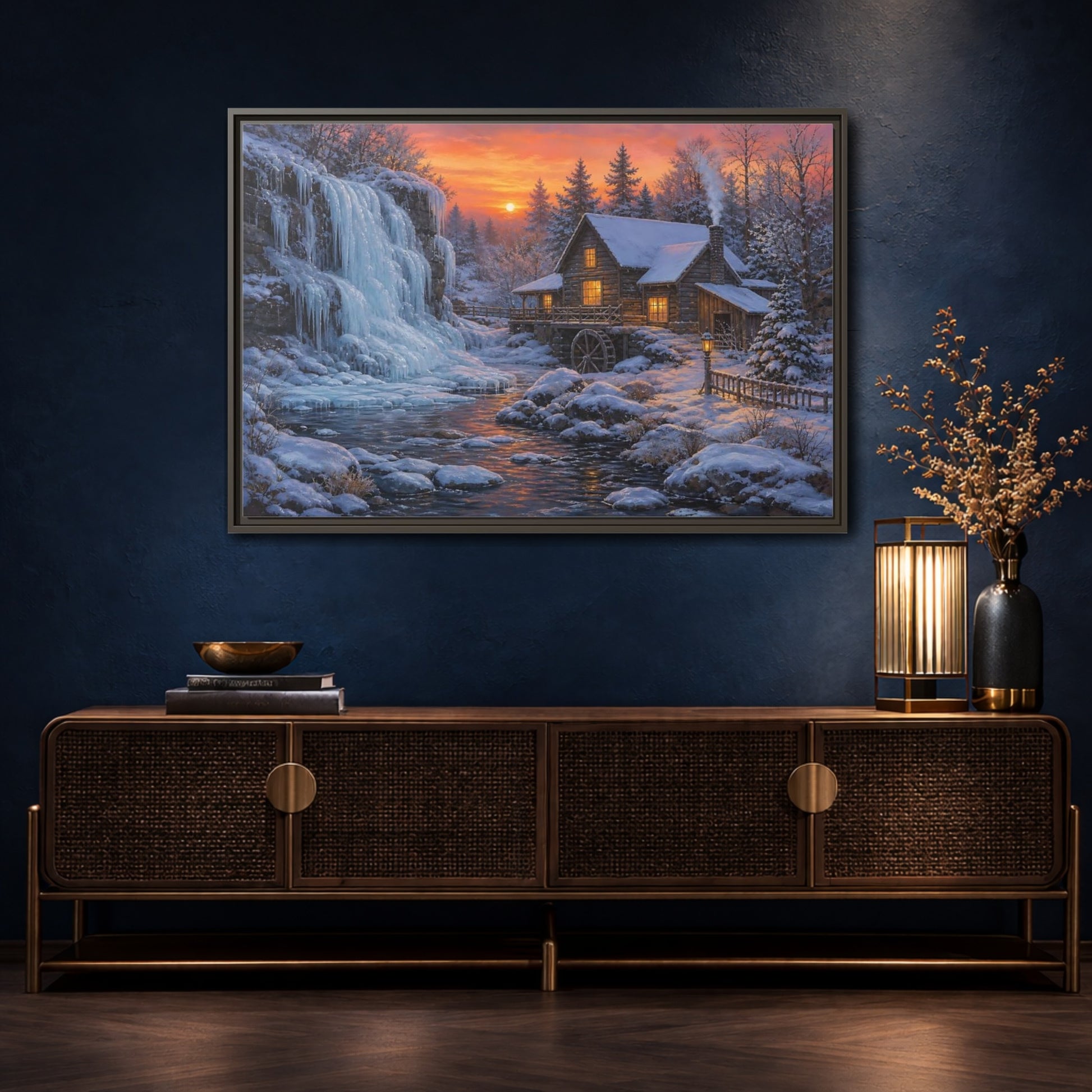 Mockup 4. Frozen Waterfall Cabin shown as framed canvas print