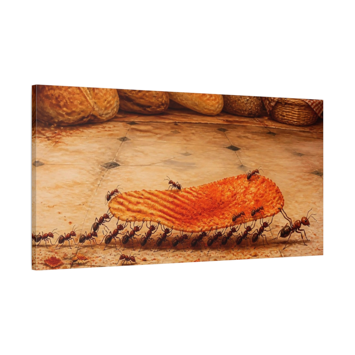 Main Mockup. Funny Ants Carrying Chip shown as canvas print