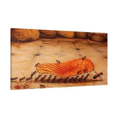 Main Mockup. Funny Ants Carrying Chip shown as canvas print