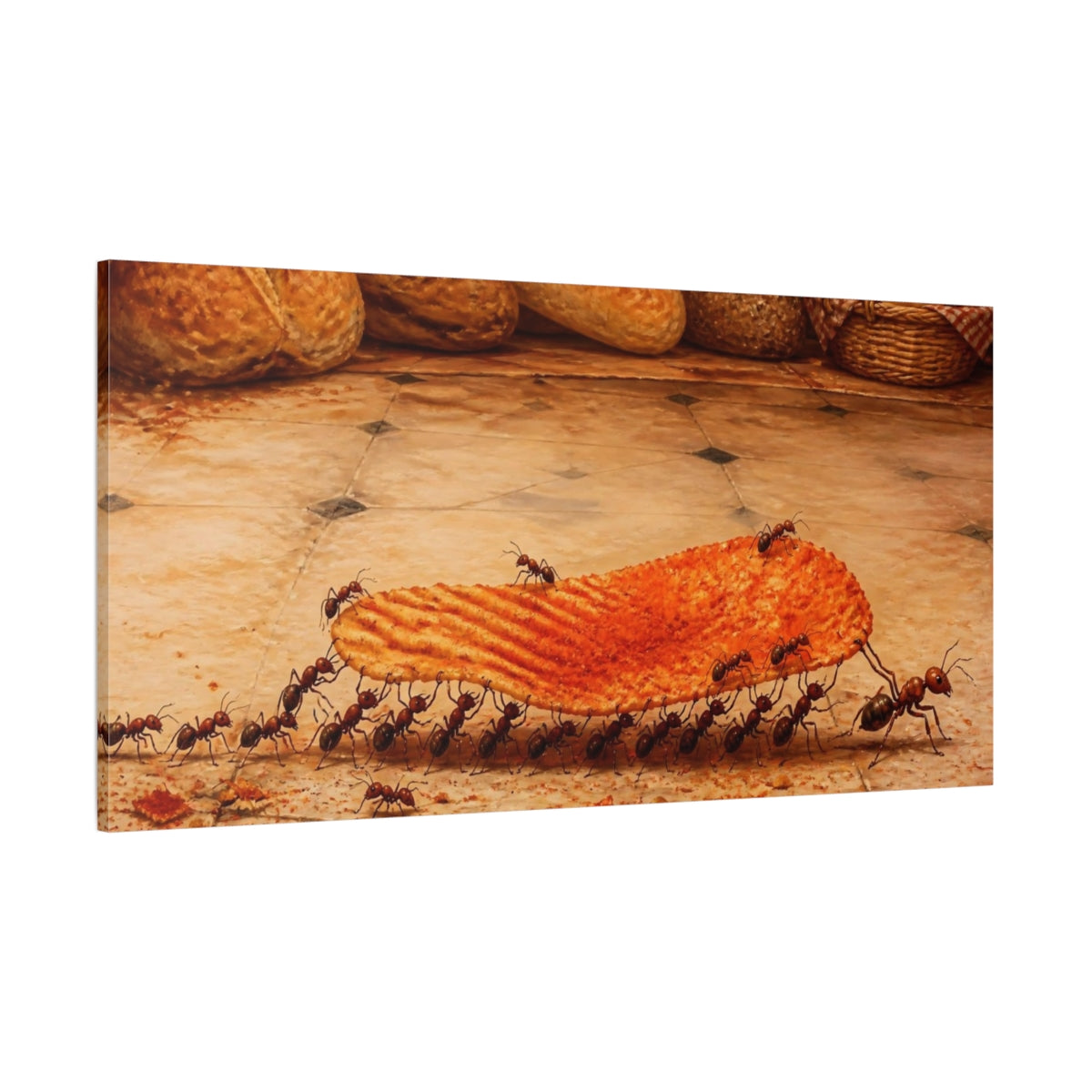 Side Mockup 2. Funny Ants Carrying Chip shown as canvas print