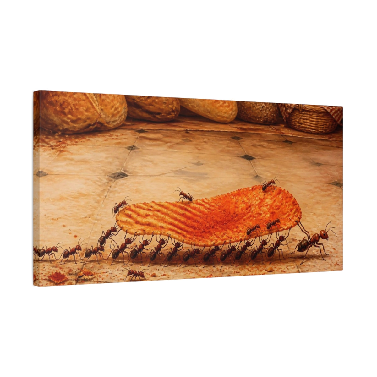 Side Mockup 1. Funny Ants Carrying Chip shown as canvas print