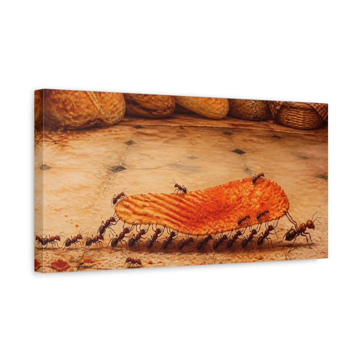 Side Mockup 3. Funny Ants Carrying Chip shown as canvas print