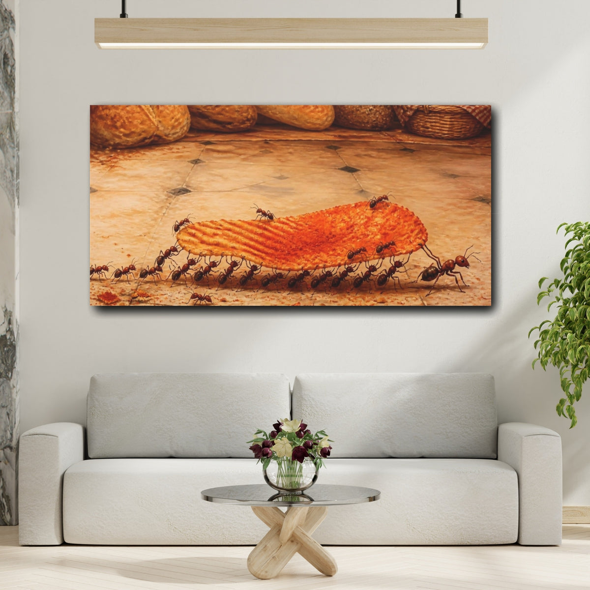 Mockup 2. Funny Ants Carrying Chip shown as canvas print