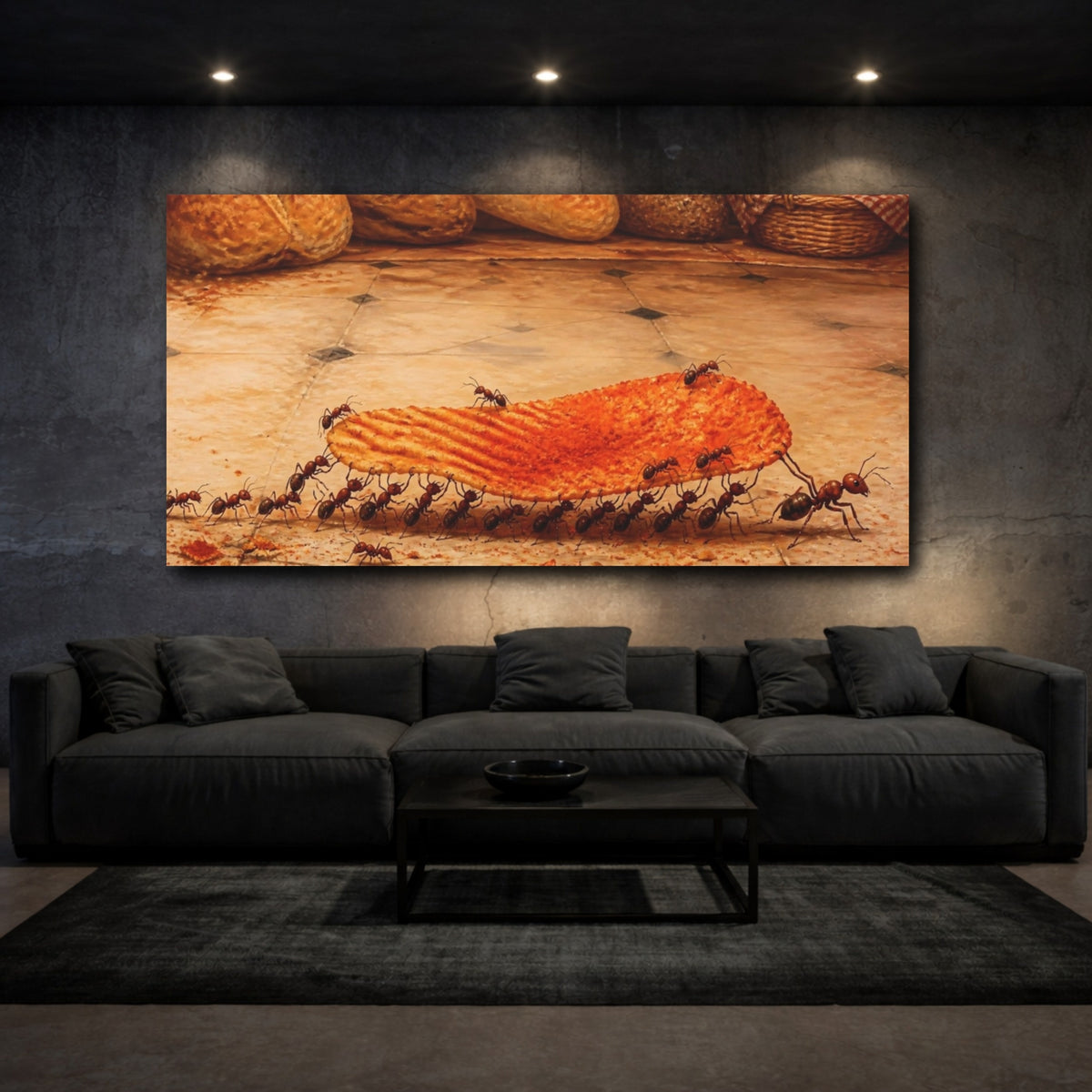 Mockup 3. Funny Ants Carrying Chip shown as canvas print