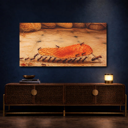 Mockup 4. Funny Ants Carrying Chip shown as canvas print