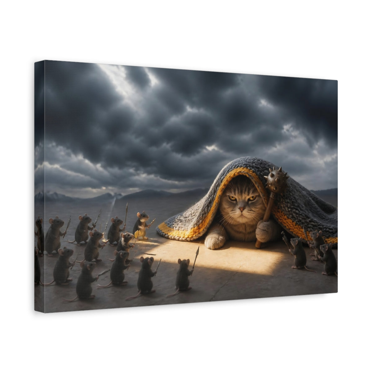 Side Mockup 4. Funny Battle Cat Under Blanket shown as canvas print