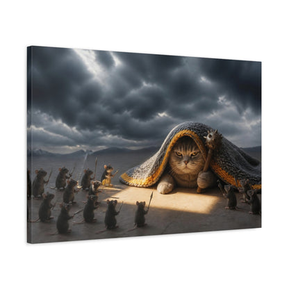 Side Mockup 2. Funny Battle Cat Under Blanket shown as canvas print