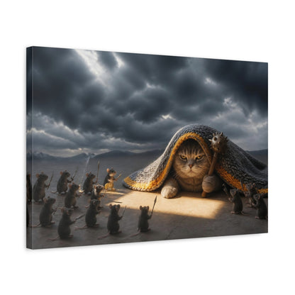 Side Mockup 3. Funny Battle Cat Under Blanket shown as canvas print