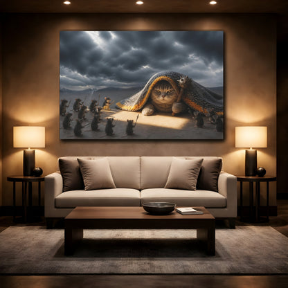 Mockup 2. Funny Battle Cat Under Blanket shown as canvas print