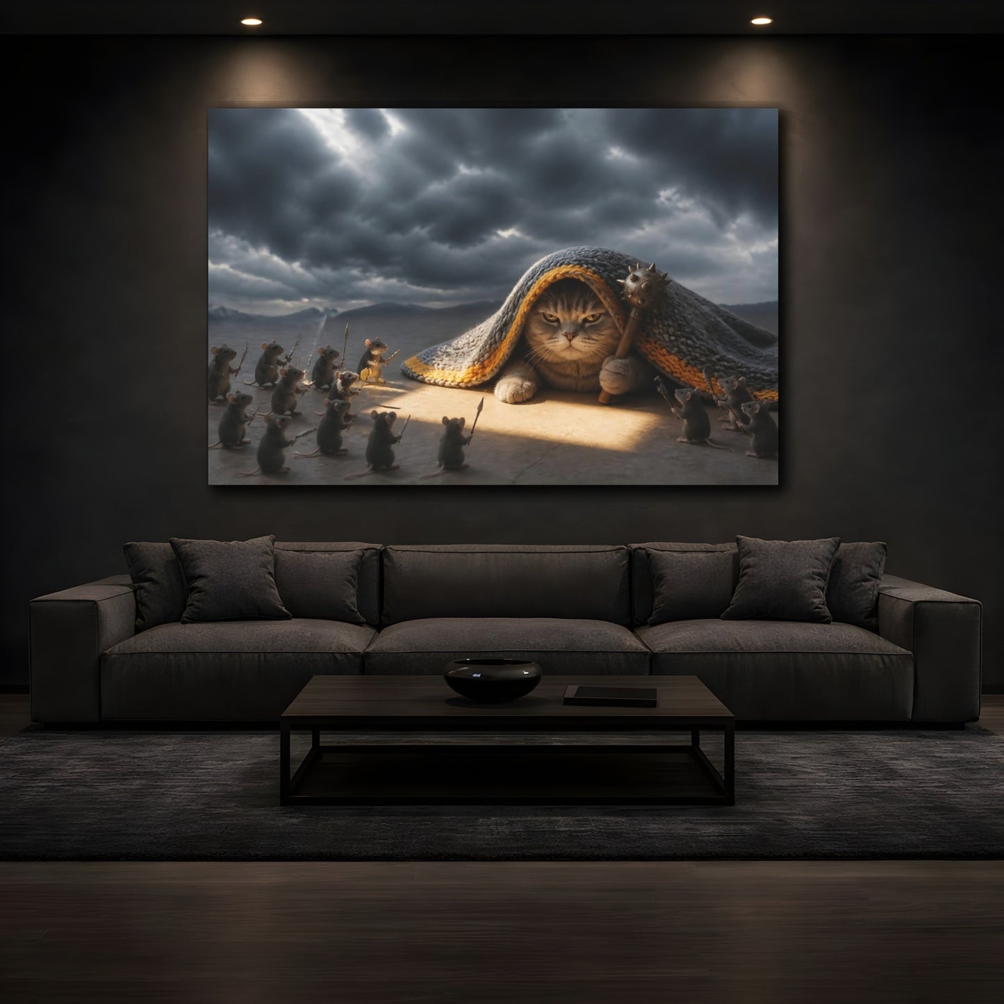 Mockup 3. Funny Battle Cat Under Blanket shown as canvas print