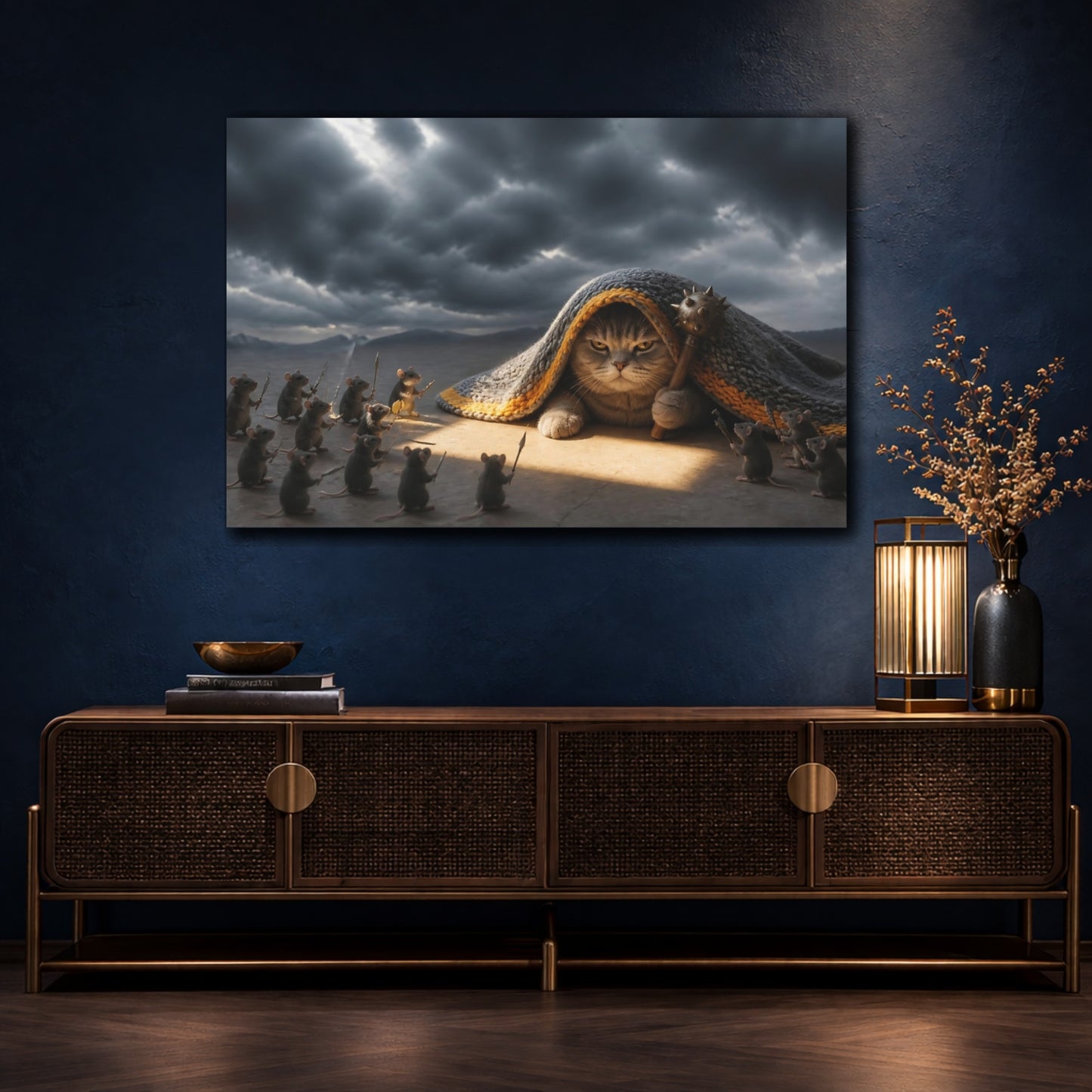 Mockup 4. Funny Battle Cat Under Blanket shown as canvas print