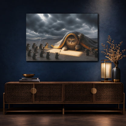 Mockup 4. Funny Battle Cat Under Blanket shown as canvas print
