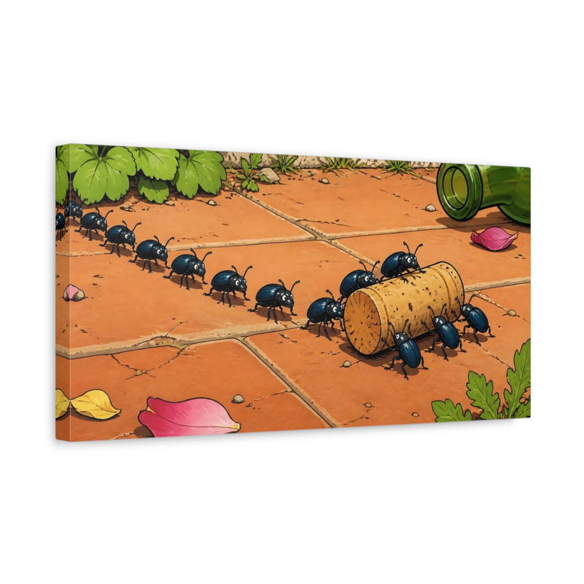 Side Mockup 3. Funny Beetles Hauling Cork shown as canvas print