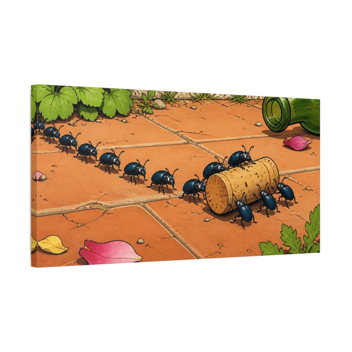 Side Mockup 1. Funny Beetles Hauling Cork shown as canvas print