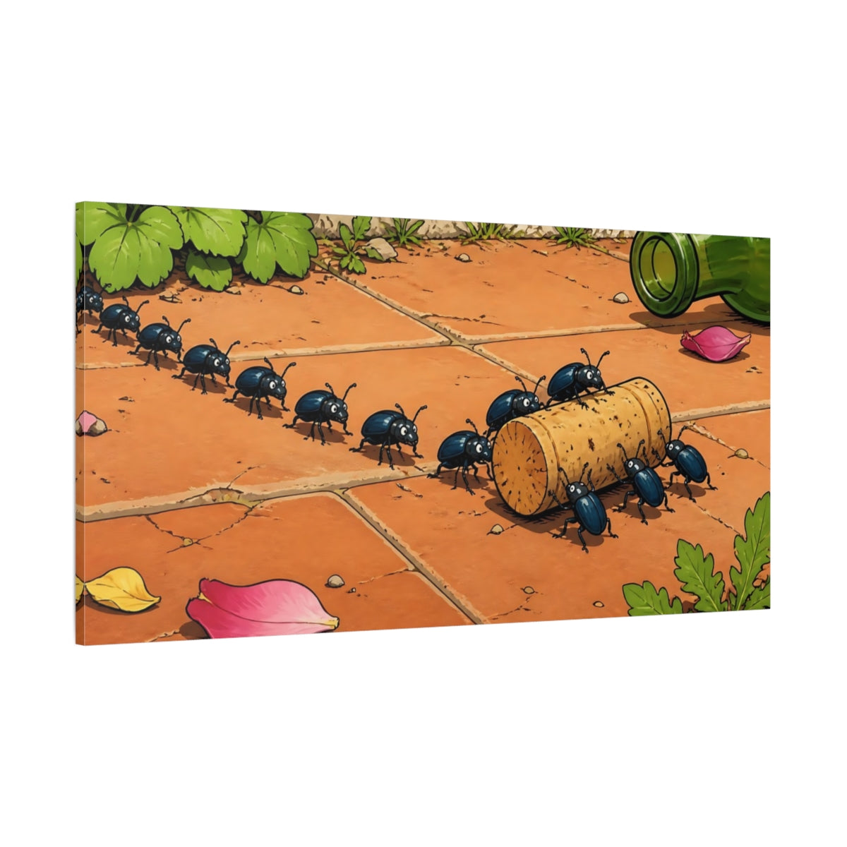 Side Mockup 2. Funny Beetles Hauling Cork shown as canvas print