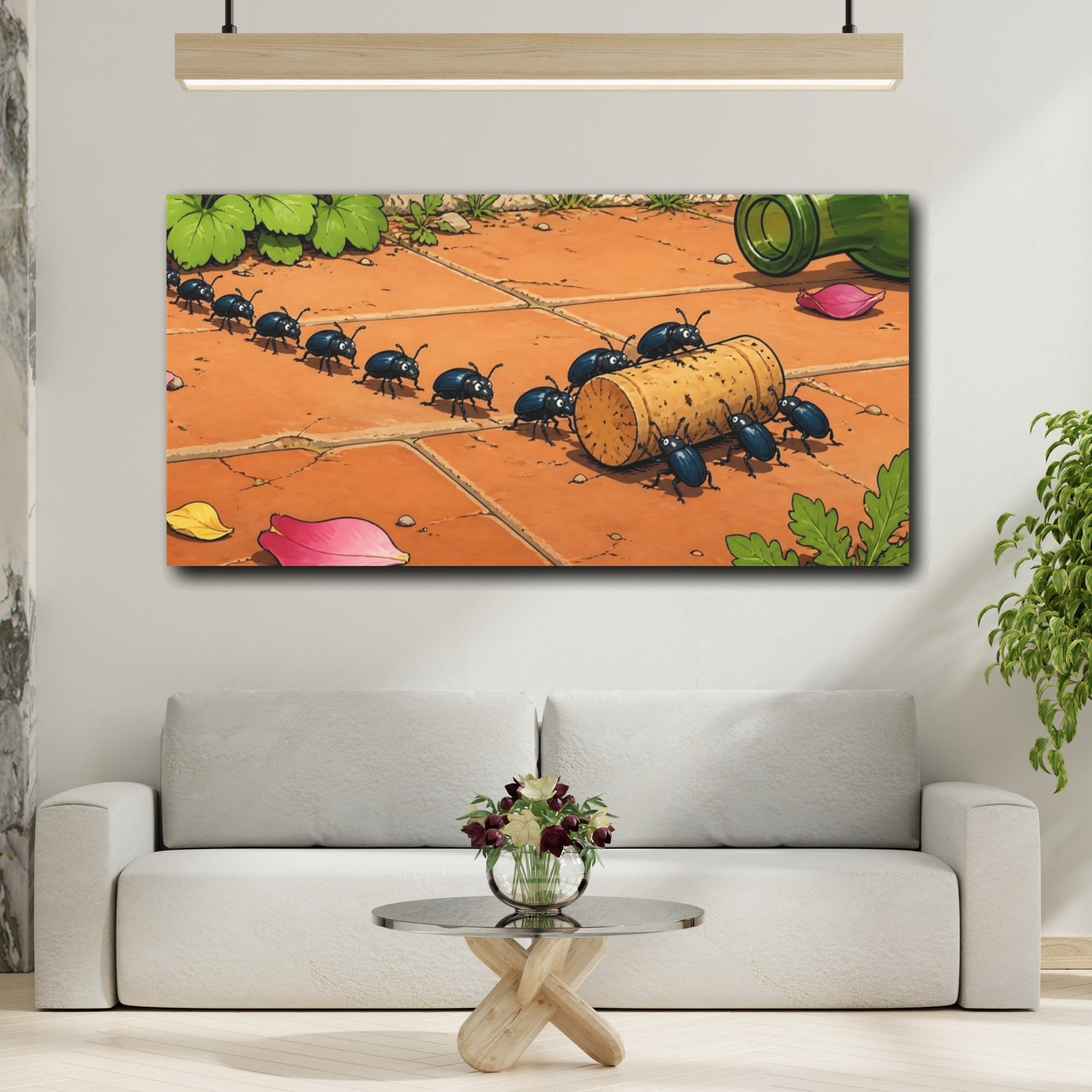 Mockup 2. Funny Beetles Hauling Cork shown as canvas print