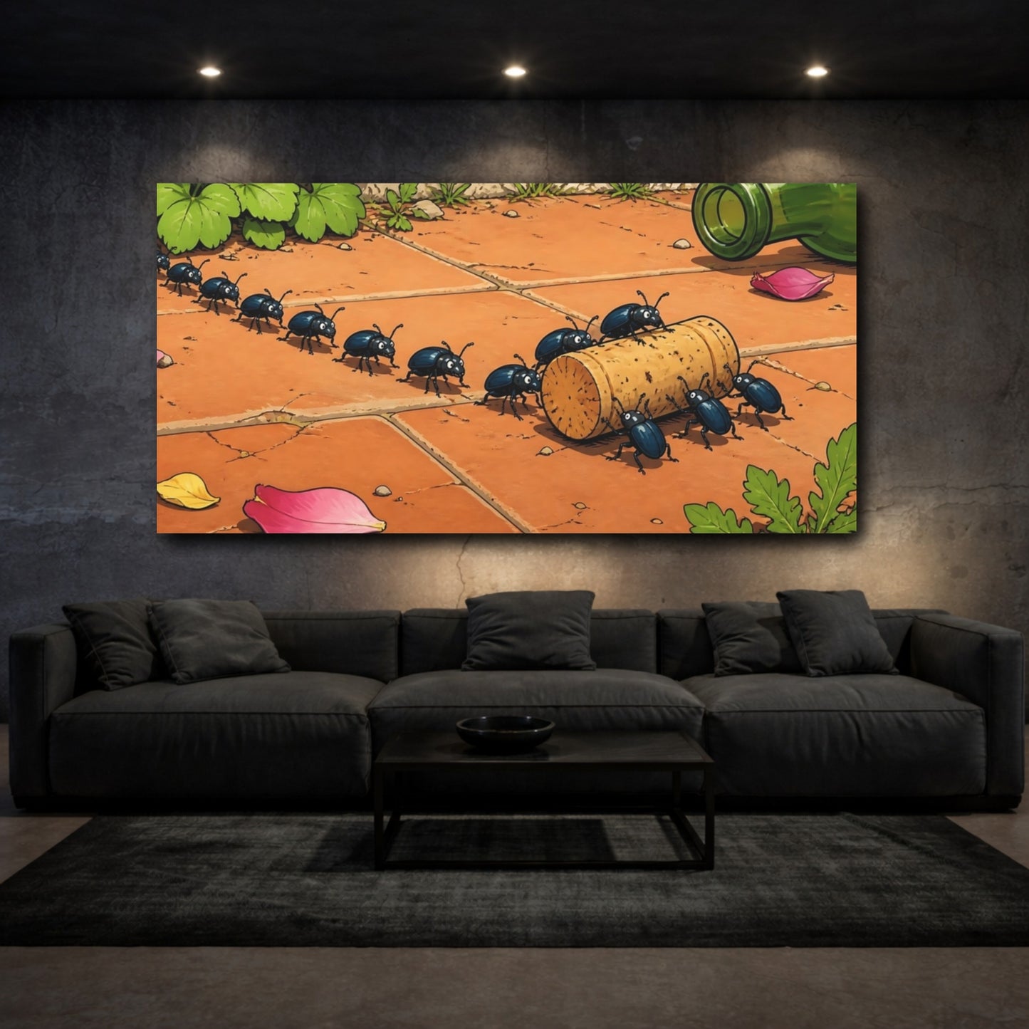 Mockup 3. Funny Beetles Hauling Cork shown as canvas print