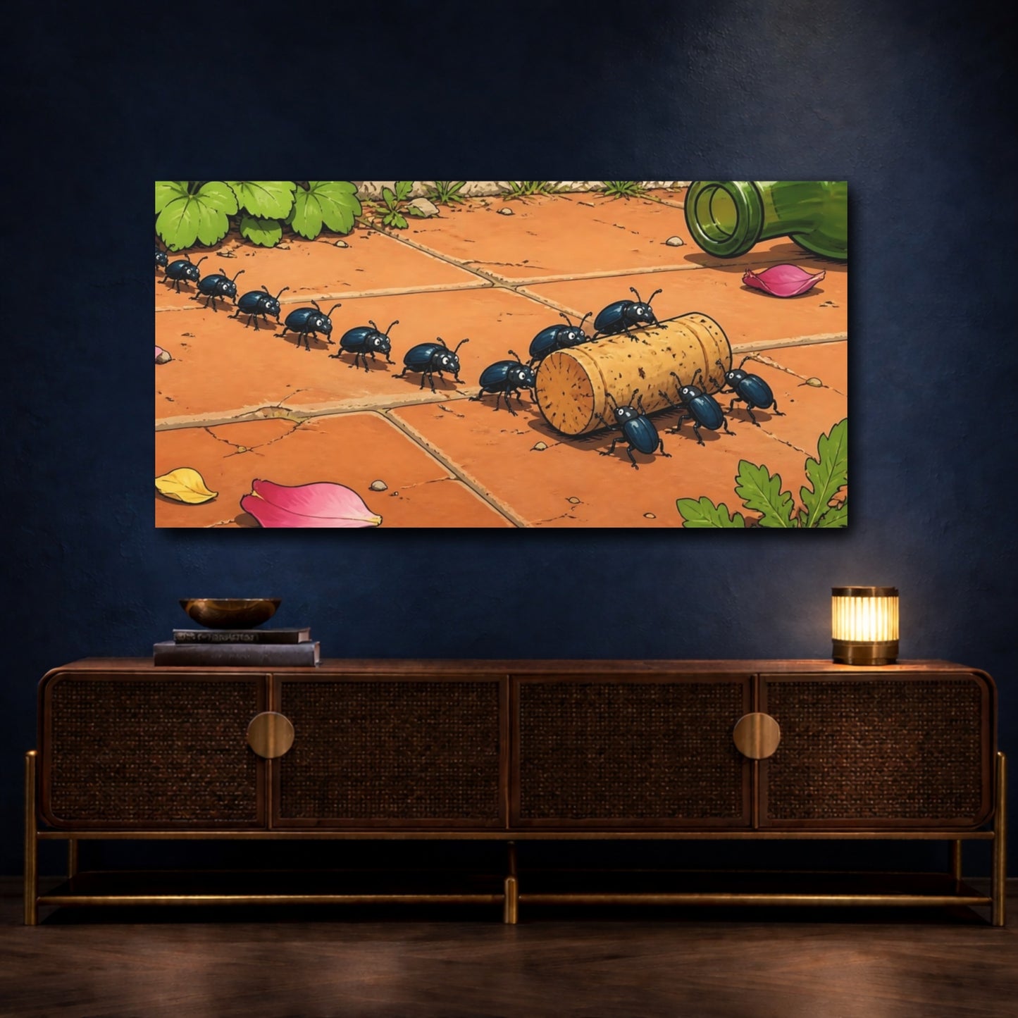 Mockup 4. Funny Beetles Hauling Cork shown as canvas print