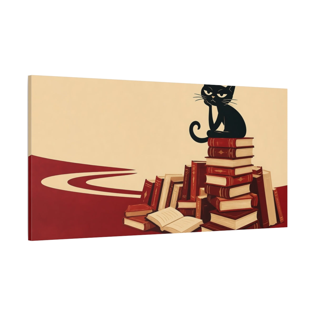 Side Mockup 2. Funny Black Cat On Books shown as canvas print