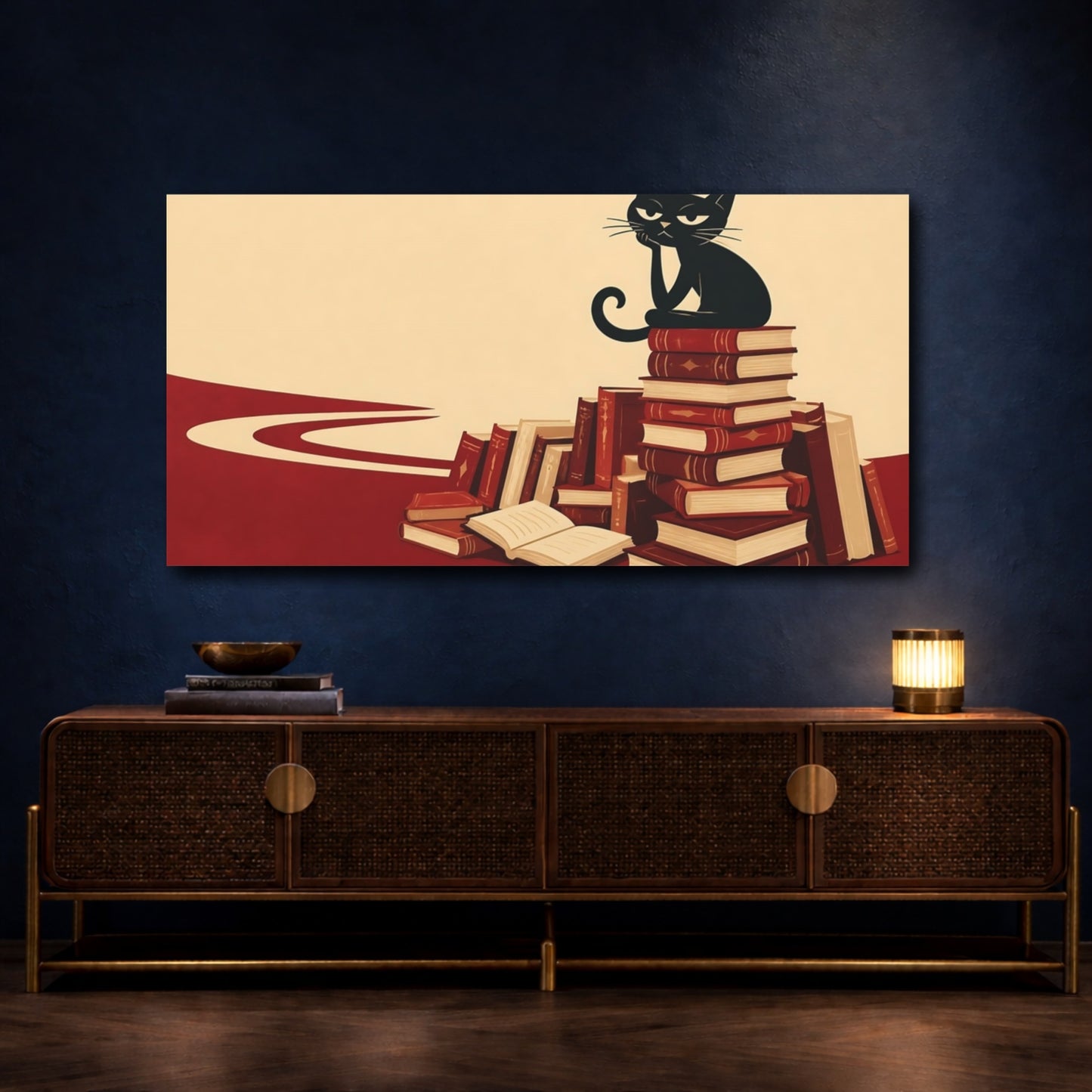 Mockup 4. Funny Black Cat On Books shown as canvas print