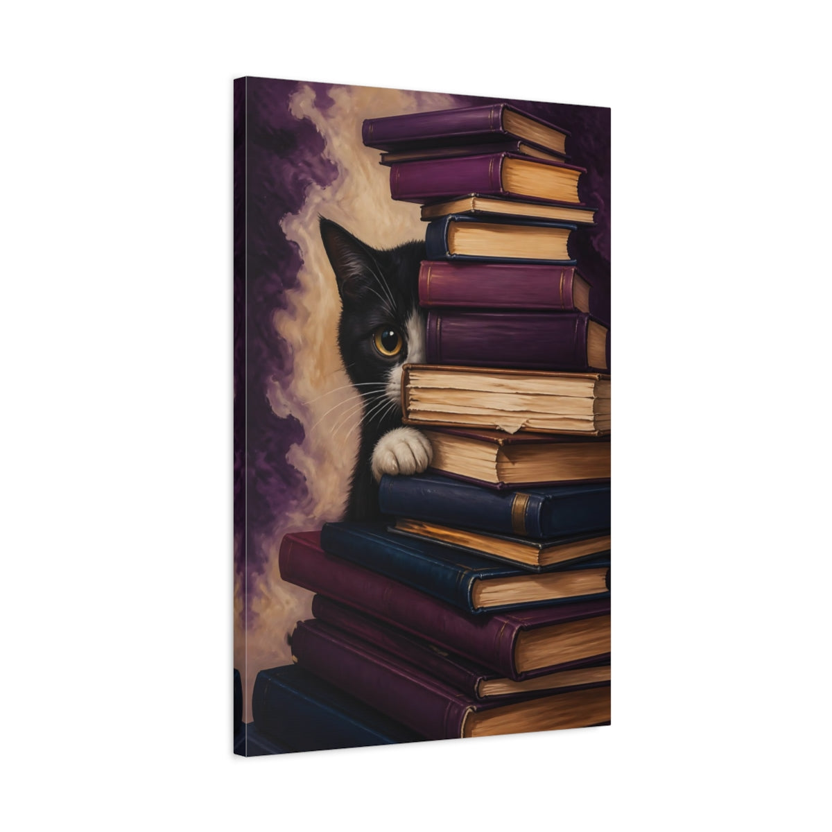 Side Mockup 2. Funny Book-Hiding Cat shown as canvas print