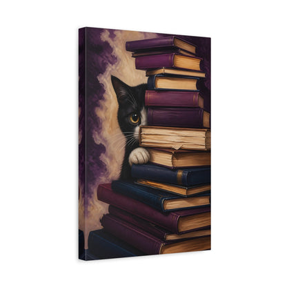 Side Mockup 4. Funny Book-Hiding Cat shown as canvas print