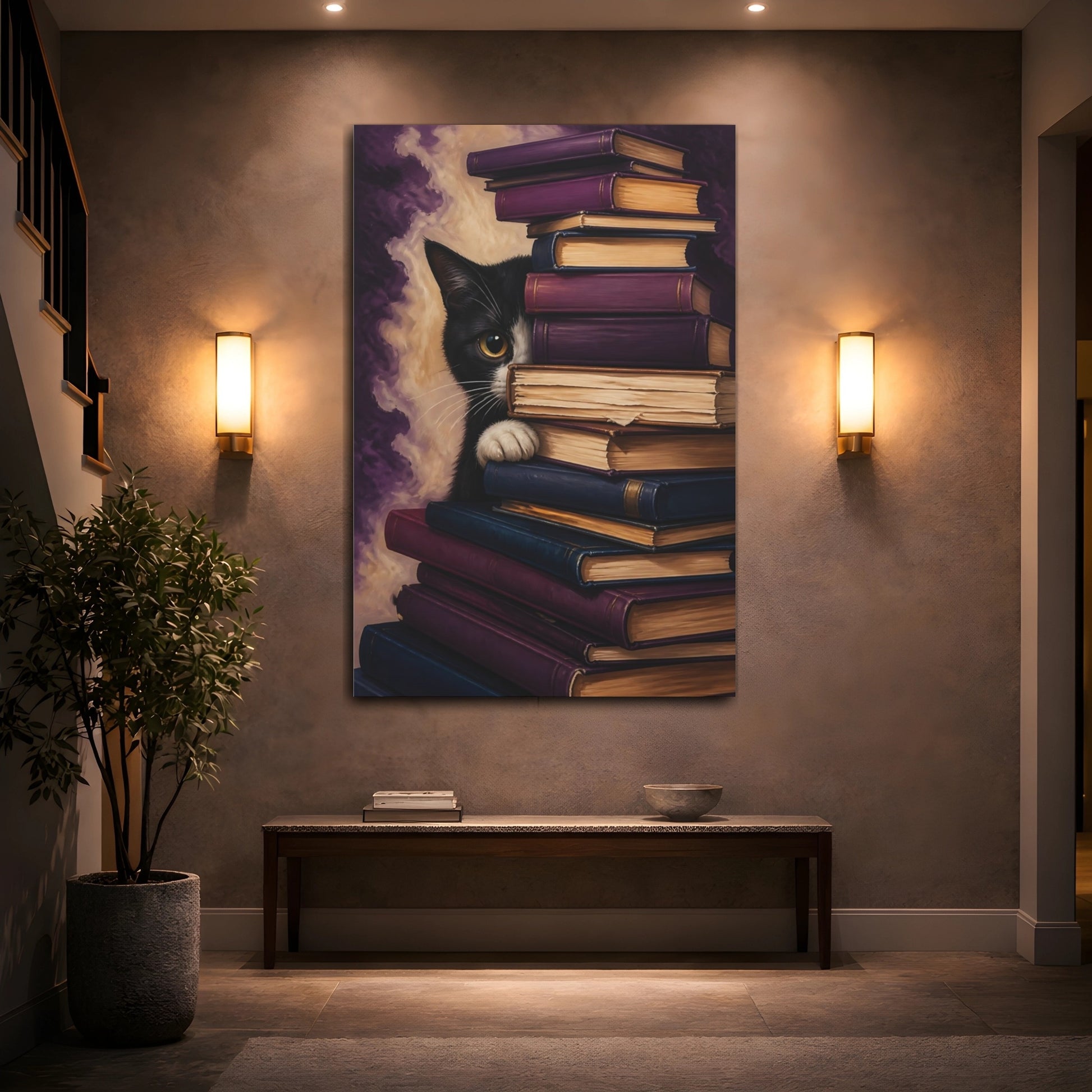 Mockup 2. Funny Book-Hiding Cat shown as canvas print