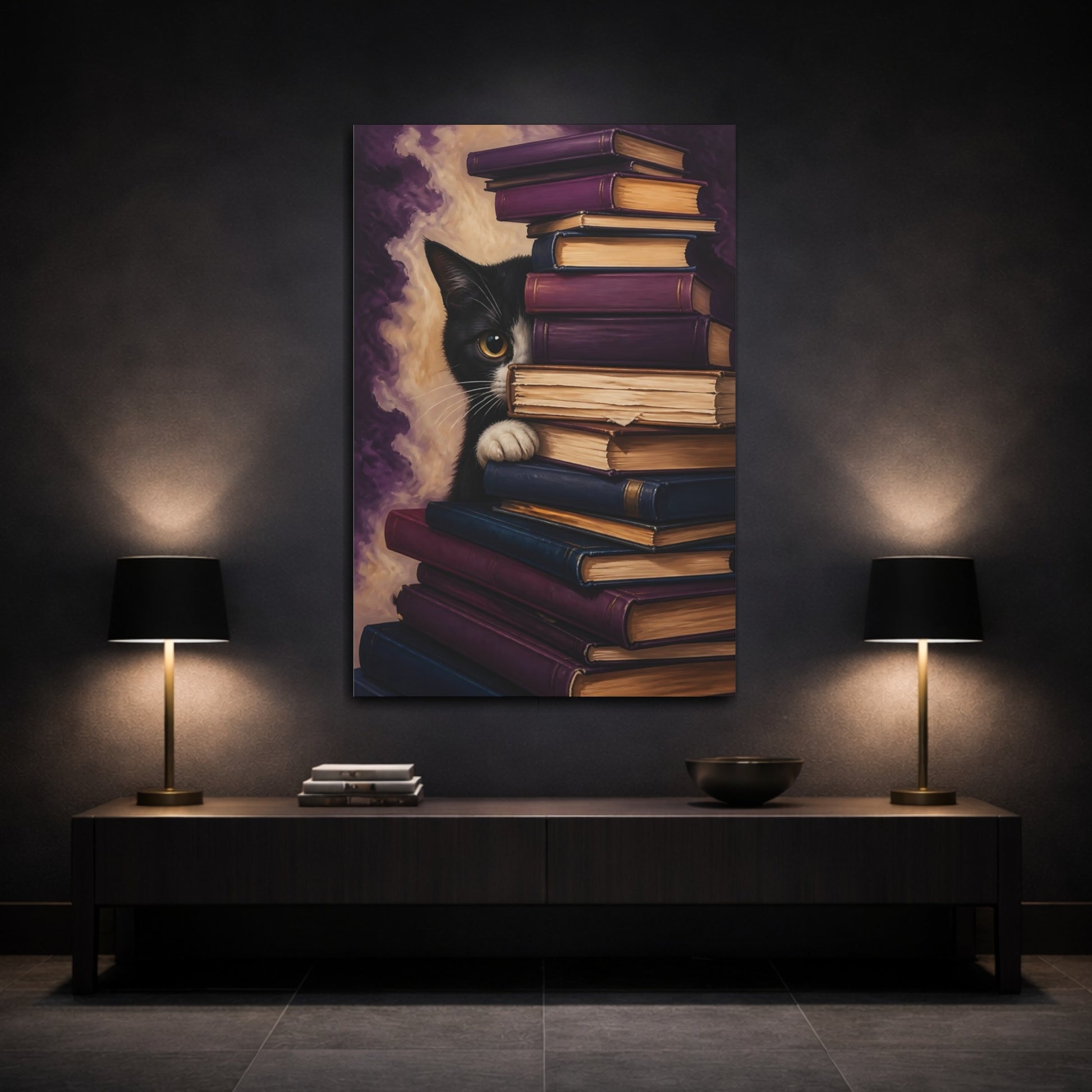 Mockup 3. Funny Book-Hiding Cat shown as canvas print