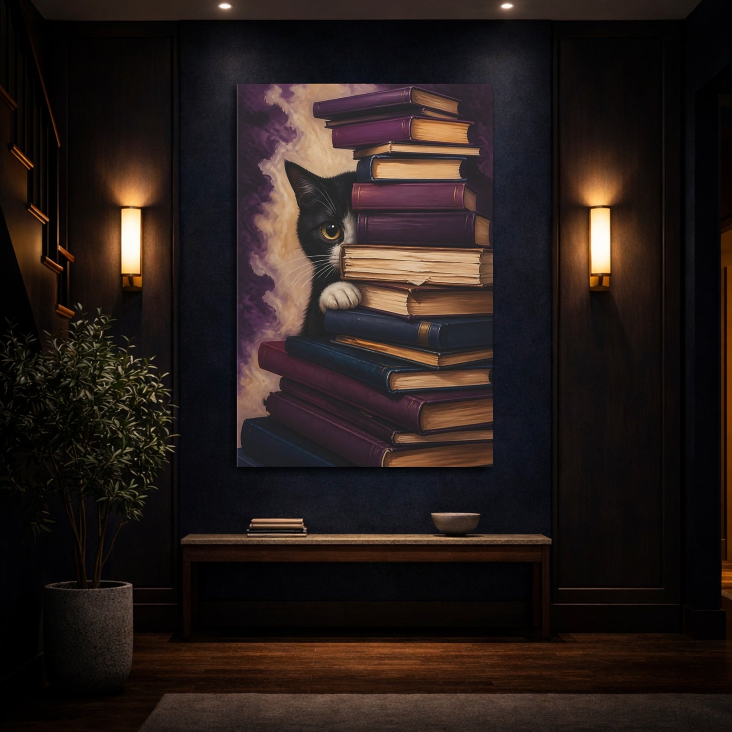 Mockup 4. Funny Book-Hiding Cat shown as canvas print