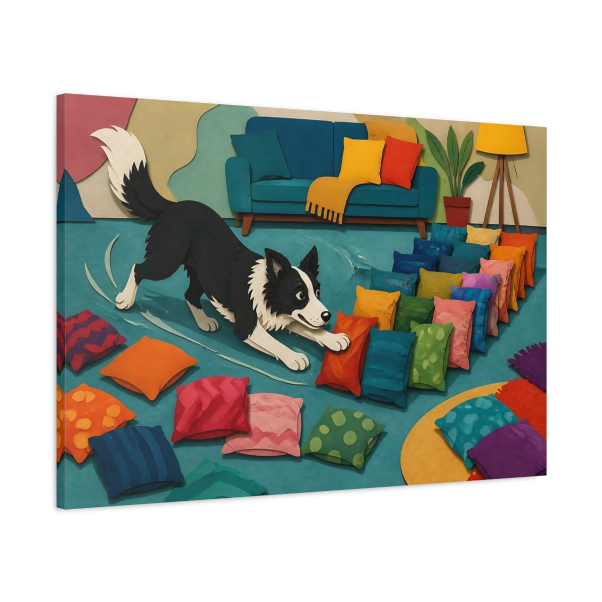 Main Mockup. Funny Border Collie Herding Pillows shown as canvas print