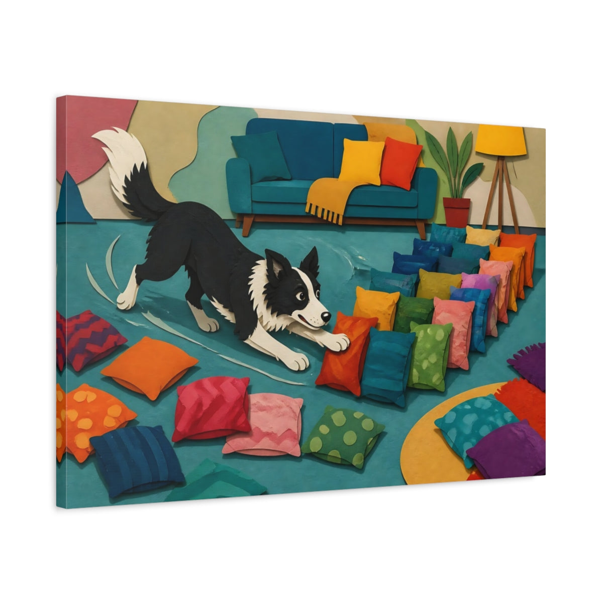 Side Mockup 2. Funny Border Collie Herding Pillows shown as canvas print