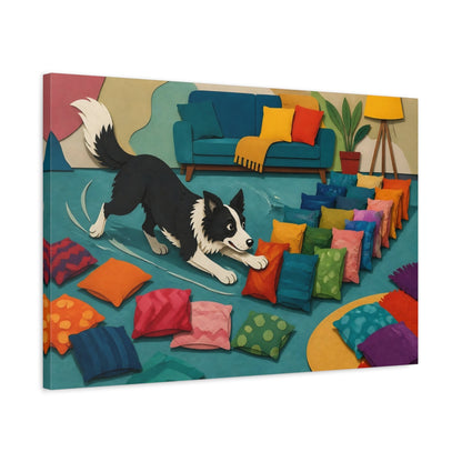 Side Mockup 2. Funny Border Collie Herding Pillows shown as canvas print