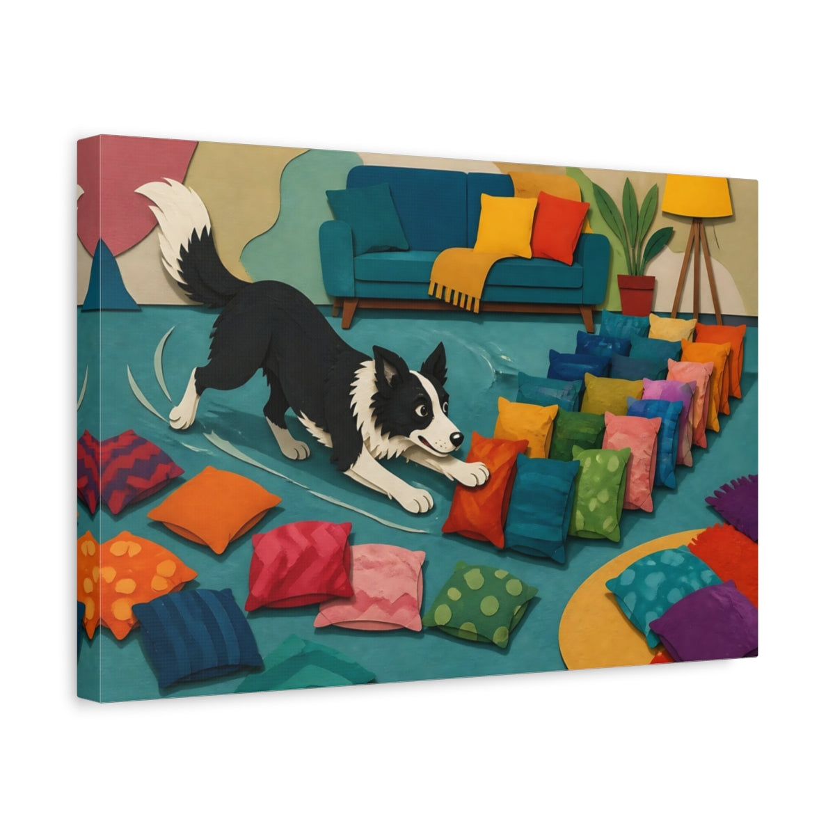 Side Mockup 4. Funny Border Collie Herding Pillows shown as canvas print