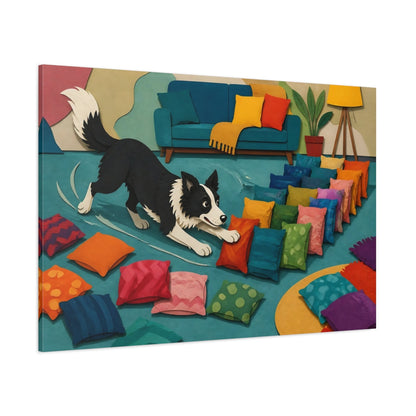 Side Mockup 1. Funny Border Collie Herding Pillows shown as canvas print