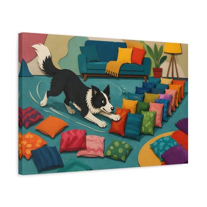 Side Mockup 3. Funny Border Collie Herding Pillows shown as canvas print